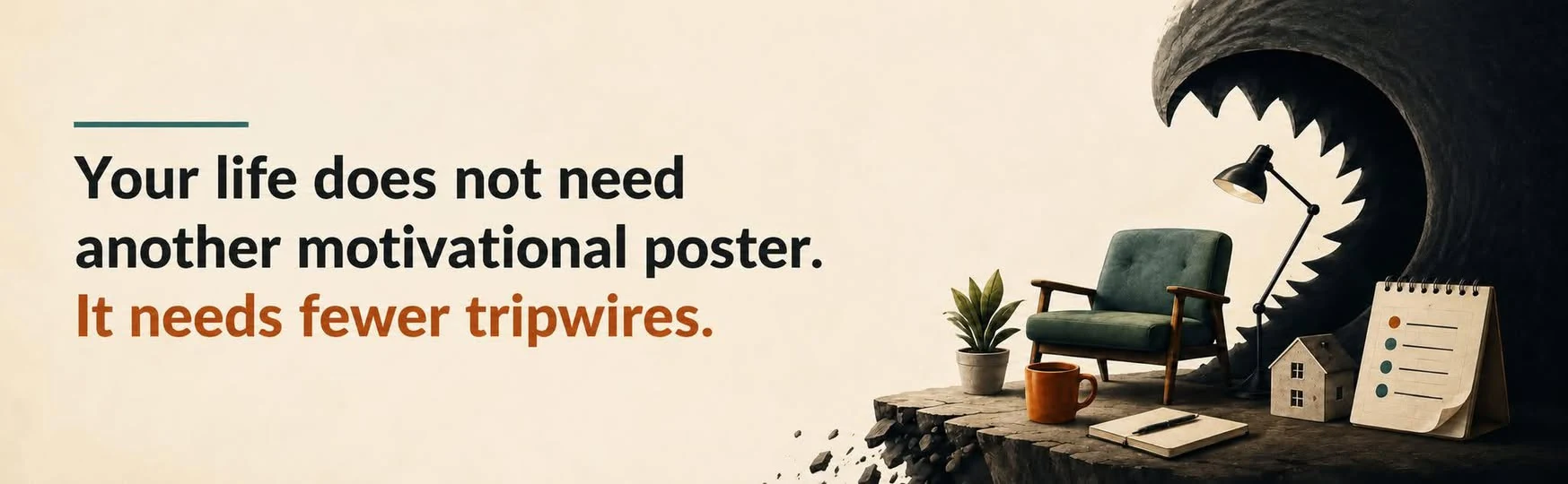 Promotional banner for Build a Life That Doesn't Eat You Alive with the message Your life does not need another motivational poster. It needs fewer tripwires, plus an armchair, lamp, checklist, and looming dark threat in the background