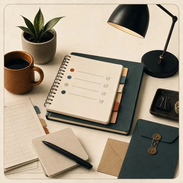 Organized desk with a lamp, notebook, checklist, and reset tools from a self-improvement workbook